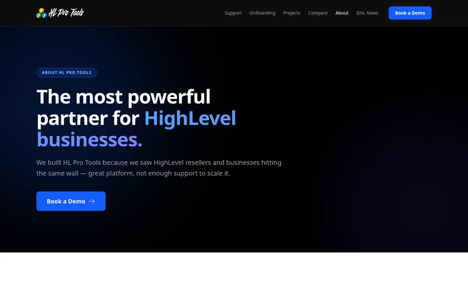 HL Pro Tools about page: 100,000+ businesses supported, 2m 13s average response time, 96% CSAT, three teams