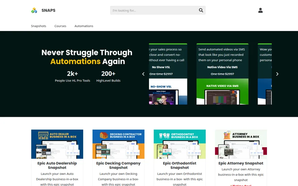 HL Pro Tools Snaps marketplace: niche business-in-a-box snapshots, courses and automations